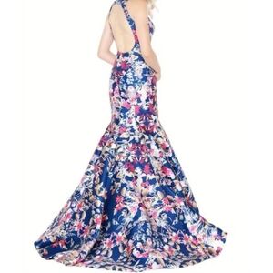 Mac Duggal Blue and Pink Floral Backless Gown
